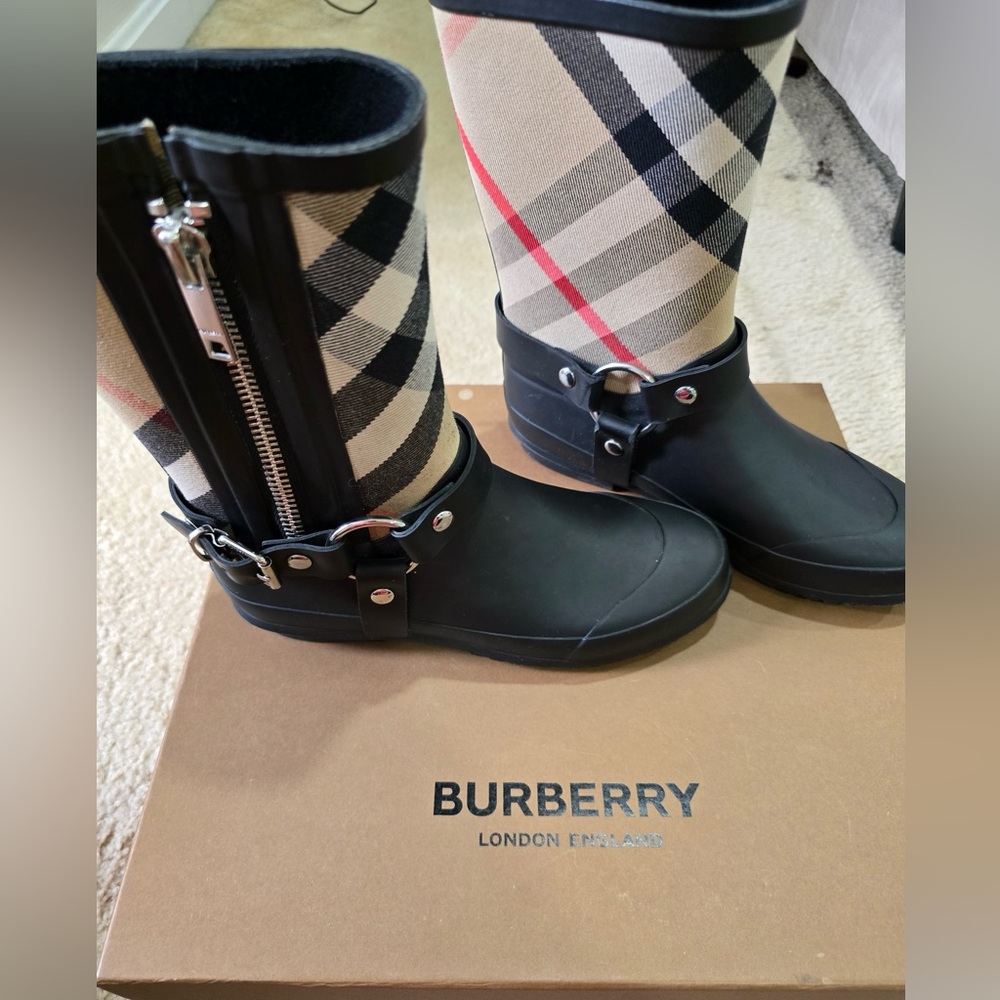 Burberry Black and Plaid Rain Boots